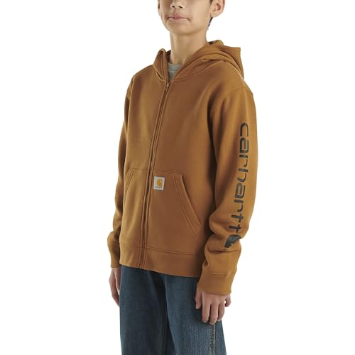 Carhartt Boys' Long-Sleeve Full-Zip Hooded Sweatshirt Hoodie, Carhartt Brown, 7