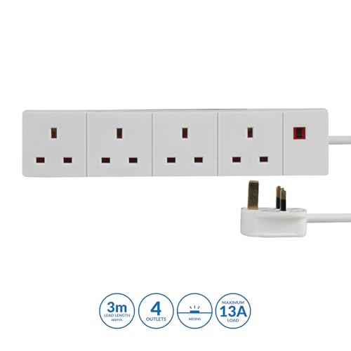 Pro Elec 3 m 4 Socket Neon On Light Extension Lead - White