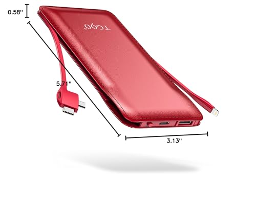 TG90° Portable Charger 10000mah Cell Phone Battery Backup, Ultra Slim Power Bank with Built in Lightning and USB-C Cable, Portable Phone Charger Battery Packs Compatible with iPhone Android Phones