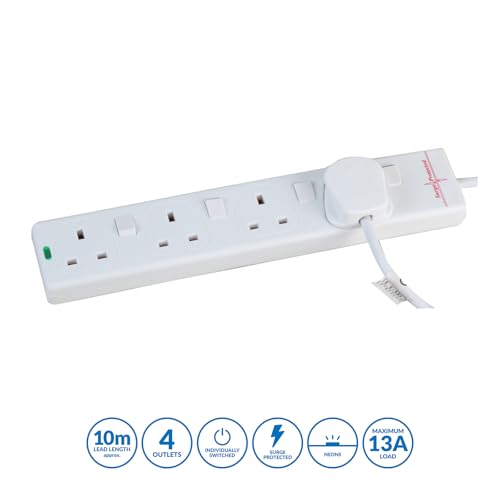 PRO ELEC PELB1942 4 Gang Switched Surge Protected Extension Lead White, 10m