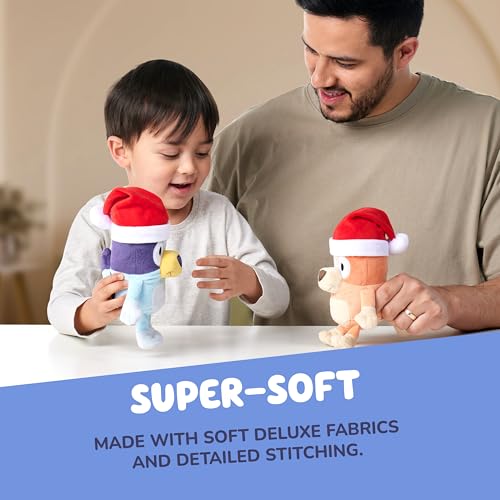 Bluey Toddler Plush Toys Pack of 2, 7-8”, Soft, Festive Holiday Season Plush Figure Toys with Santa Hats, Cuddly Plush Animals for Kids Ages 3+