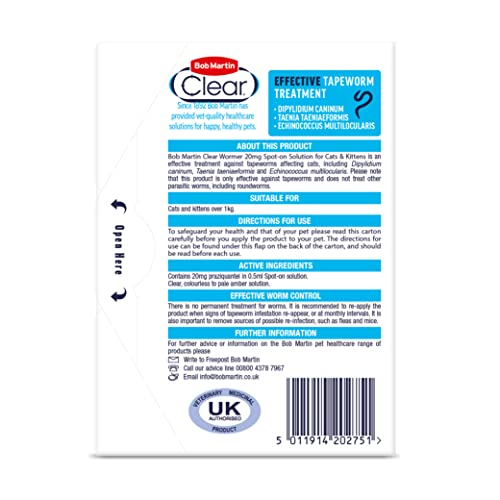 Bob Martin Clear Spot On Wormer for Cats & Kittens - 100% Effective Tapeworm Treatment (4 Pipettes)