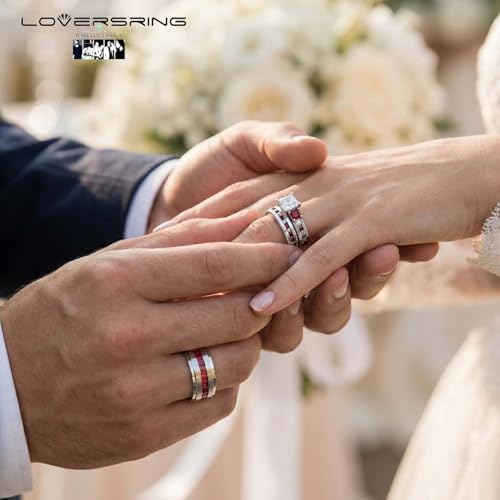 TWO RINGS Wedding Ring Sets His And Hers Promise Ring Couples Bridal Sets Women 925 Sterling Silver Red Ruby Man Titanium Brushed Finished Wedding Band