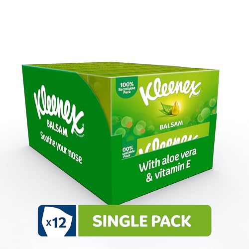 Kleenex® Balsam Facial Tissues - Pack of 12 Tissue Boxes - Balm Tissues Protect and Soothe Your Nose When You've Got a Cold - Balmcare® with Aloe Vera, Vitamin E and Calendula