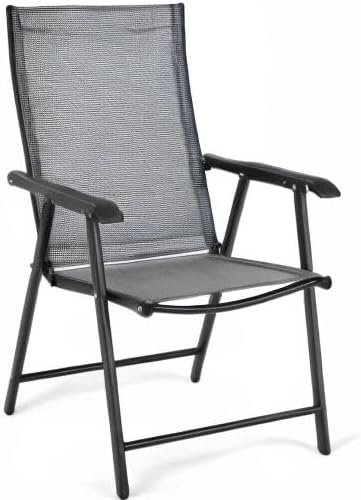 Giantex Set of 2 Patio Folding Chairs, Outdoor Chairs with Armrest, Portable Dining Chairs for Porch Camping Pool Beach Deck Lawn Garden, 2-Pack Patio Sling Chairs, Metal Frame, Grey