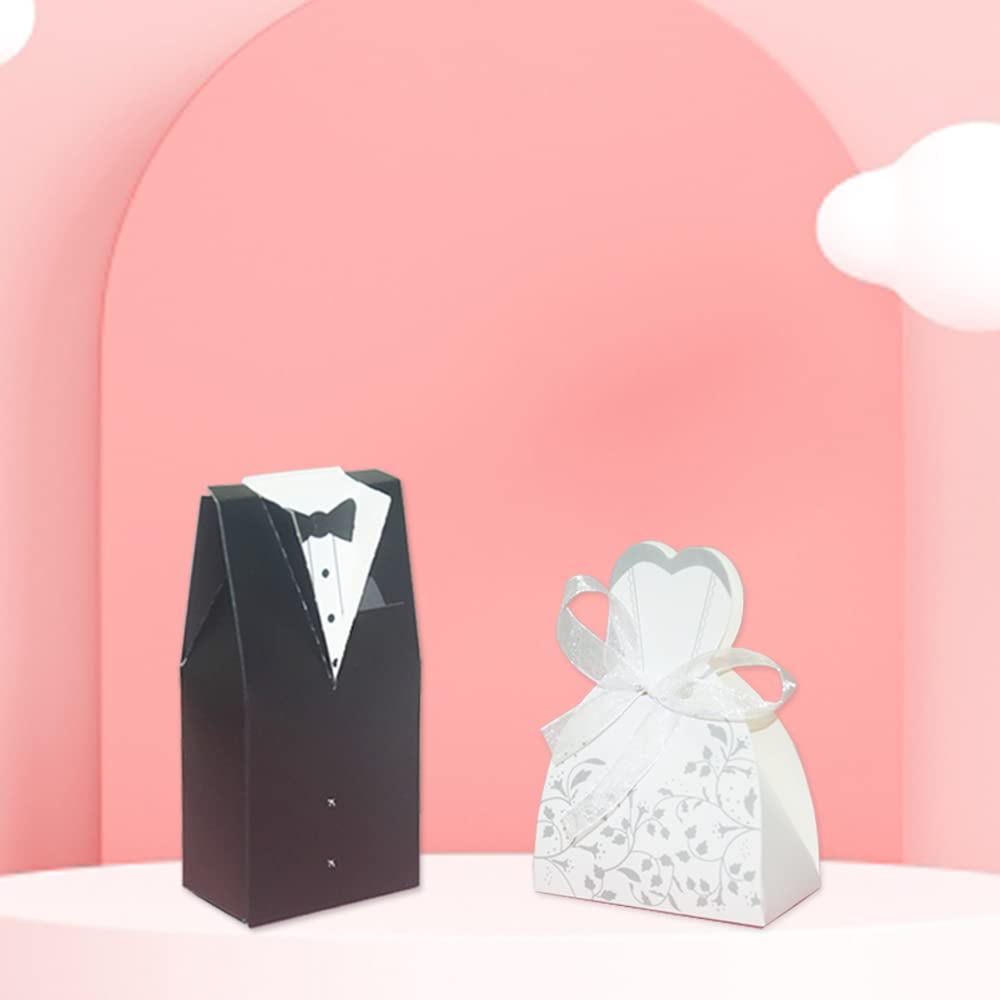 KAKABUQU 100 Pcs Wedding Favor Boxes - Romantic Party Cardboard Candy Boxes With Bride and Groom Dress Design for Chocolate Gifts, Bridal Shower Decoration Supplies