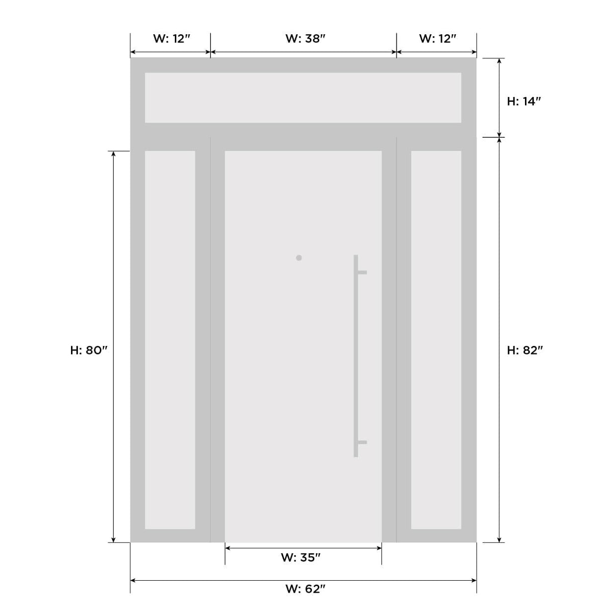 VDOMDOORS Front Exterior Prehung Metal-Plastic Door Frosted Glass | Manux 8112 Antracite Grey | 2 Side, Top Sidelite Transom | Doors Entrance Patio Garage 60 x 94 (W12+36+12 x H80+14) Left-Inswing