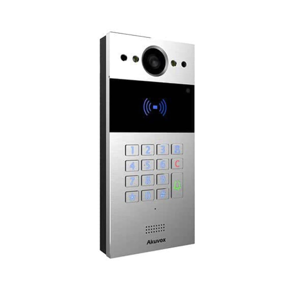 Akuvox R20K-SIL Intercom Video Door Phone with Keypad, Silver, 2MP 3.2mm WDR Cam, RF Card Reader, Wiegand, Mic/Speaker, Two-Way Audio, IP65, PoE, 12VDC/1.2A in, 12VDC/0.5A Out