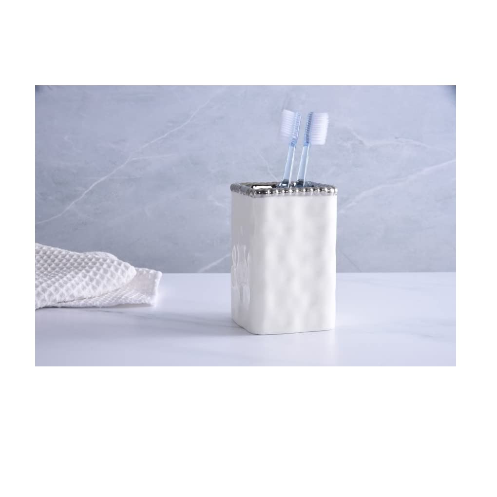 Pampa Bay VAN2718W Toothbrush Holder with Silver Beads, 4.5-inch Height, Porcelain