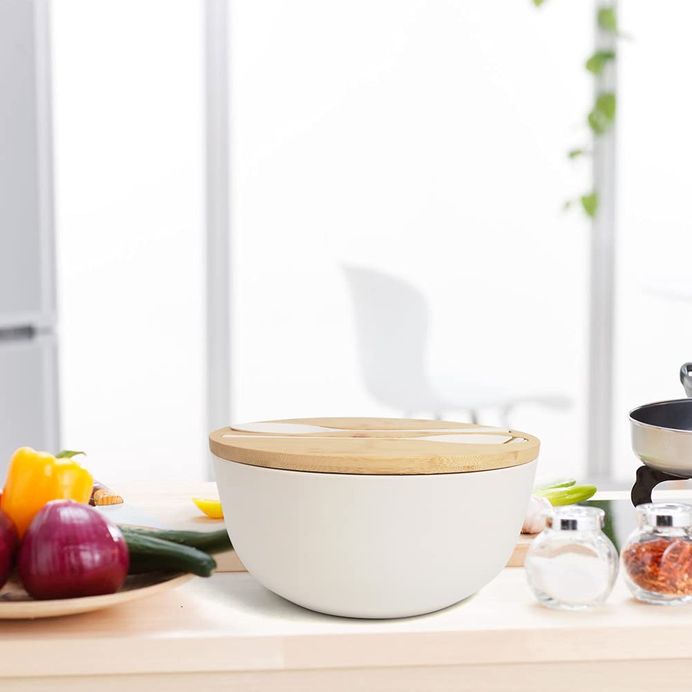 ShineMe Large Salad Bowl with Lid, Bamboo Fiber Salad Serving Bowl Set with Utensils, 9.8inches Mixing Bowl with Servers, Solid Bamboo Wooden Bowl for Candy, Salad, Fruits, Vegetables and Pasta(White)