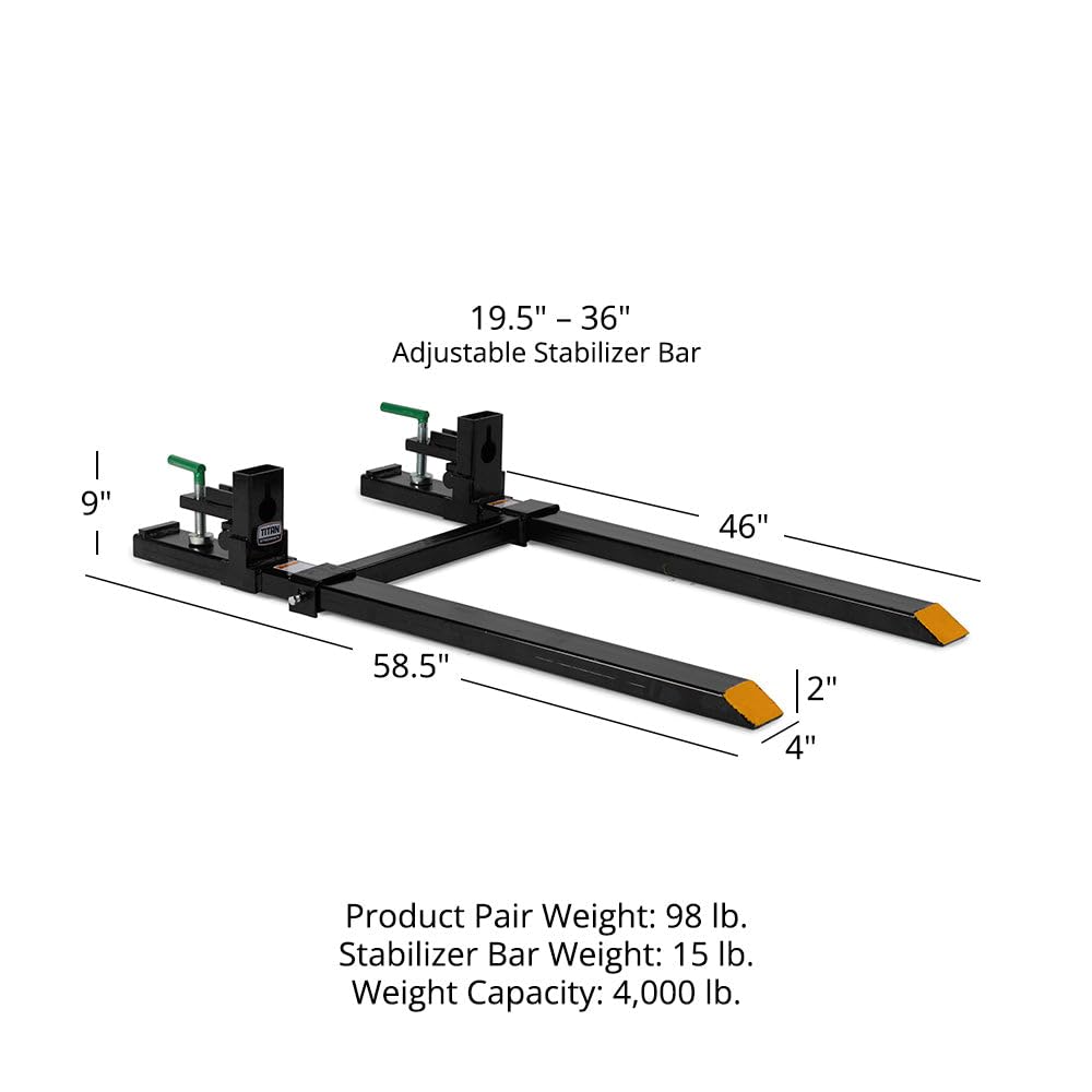 Titan Attachments Medium-Duty 60" Clamp-on Pallet Forks with Adjustable Stabilizer Bar, 46" x 4" Fork Length, Rated 4,000 LB, Easy to Install on Loader or Skid Steer Bucket