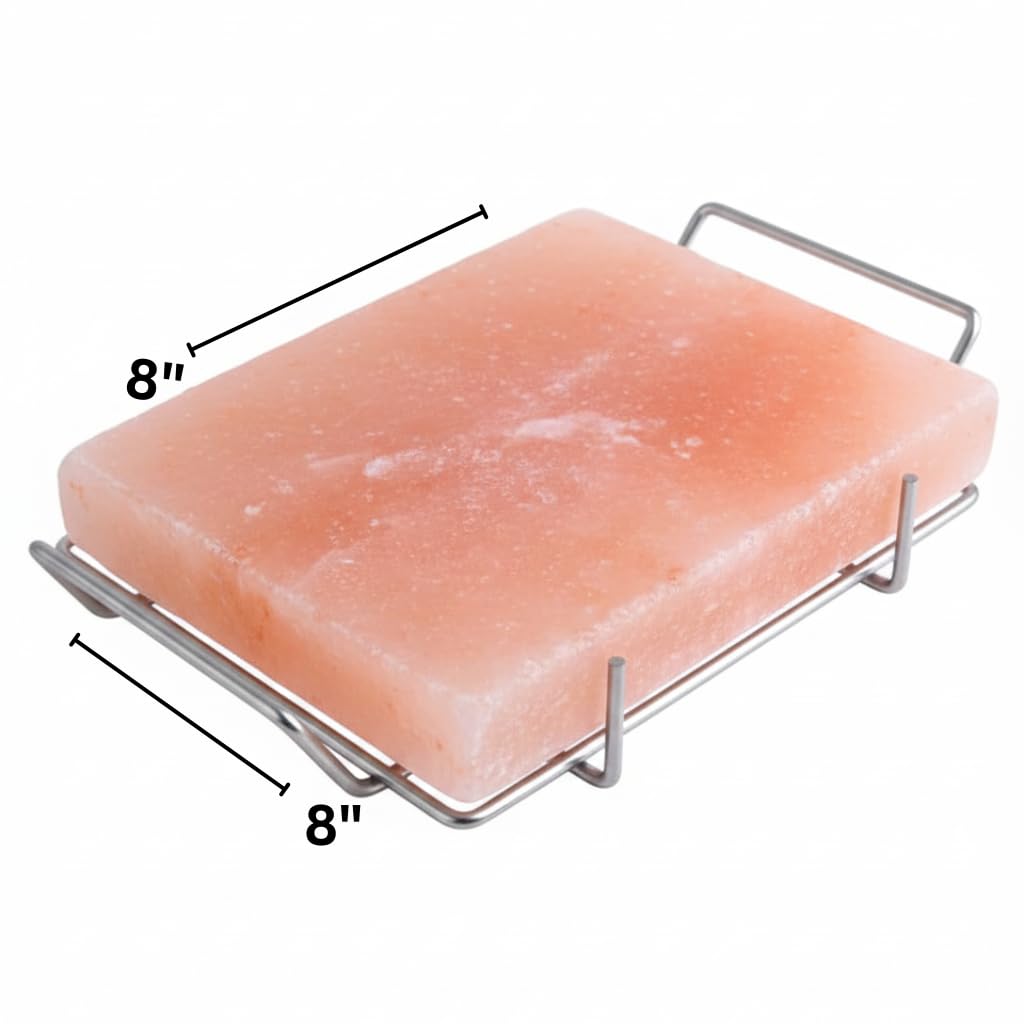 Himalayan Salt Block 8”x8”x1” for Grilling, Cooking, Cutting, and Serving - Food Grade Rock Salt Plate with Steel Tray, Salt Slab a Unique Gift for Men, Women, Chefs & Cooks.
