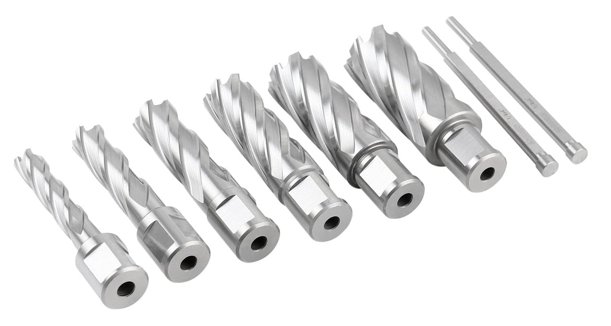 Accusize Industrial Tools H.S.S. Annular Cutter Set, 2'' Cutting Depth, 7/16'' - 1-1/16'' Slugger Cutter, 8 Pcs/Set, HSS2-0000