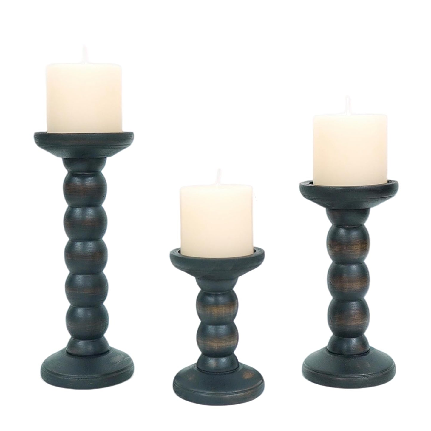 HuiDao Solid Wood Candle Holder, 3Pcs Rustic Black Candle Holders for Pillar Candles, Decorative Candle Holders Distressed Wooden Farmhouse Candle Holder Large for Fireplace Table