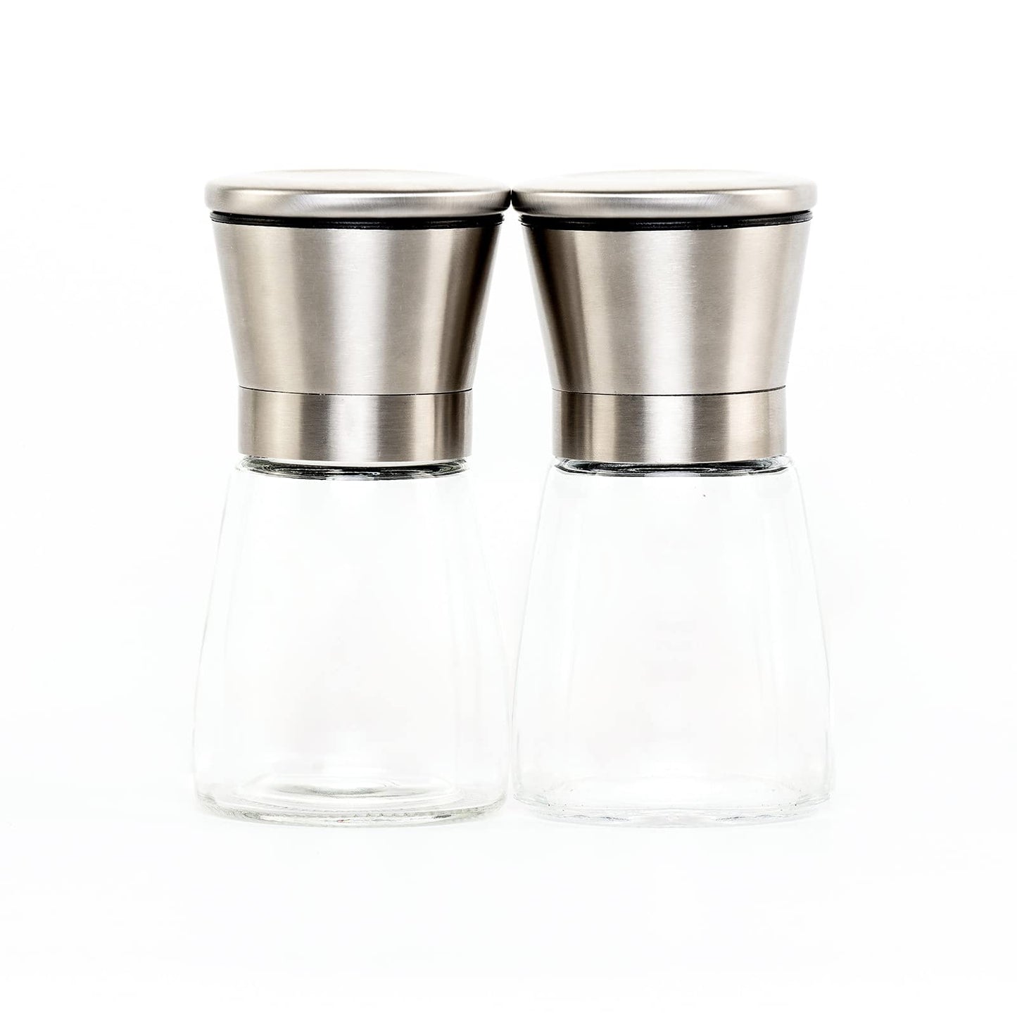 Salt and Pepper Grinder Set with Wood Tray, Manual Sea Salt, Spice and Peppercorn Mill, Glass Container, Stainless Steel Cap, Adjustable Coarseness and Refillable for Modern Farmhouse Kitchen Table