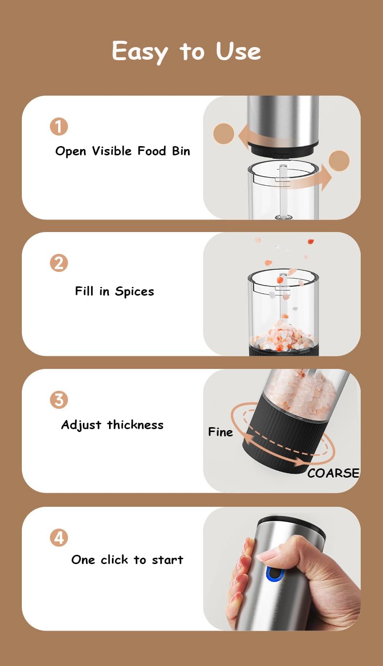 PONDI USB-C Rechargeable Electric Salt & Pepper Grinder Set (2 Pack) – One-Handed Automatic Mills with LED Battery Indicator & 5 Adjustable Coarseness Levels, Stainless Steel