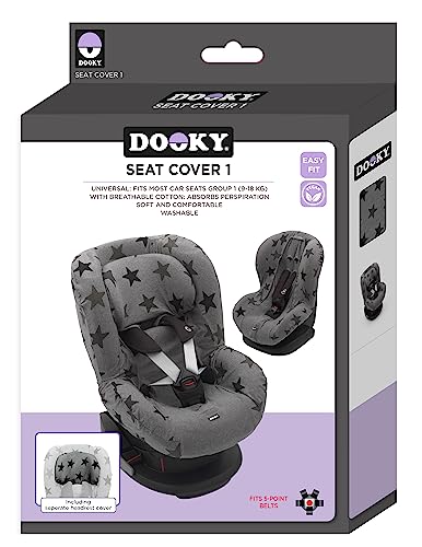Dooky Seat Cover, Separate Headrest Cover Included, Universal Size, Fits Most Baby Car Seats with 5 Point Belts, 95 Percent Cotton and 5 Percent Lycra, Washable, Group 1+ yrs (9-18 kg), Grey Stars