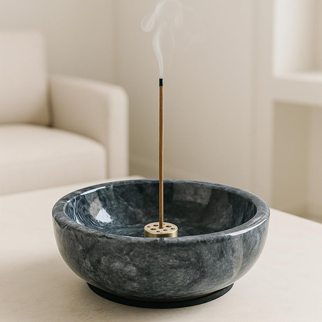 Marble Incense Holder Bowl with Brass Burner – Natural Hand-Polished Stone Incense Burner for Sticks, Cones, Palo Santo & Sage – Ash Catcher for Meditation, Yoga & Home Decor