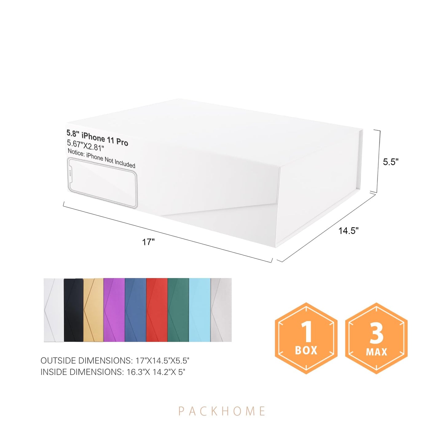 PACKHOME 17x14.5x5.5 Inches, 3 Extra Large Gift Boxes with Lids, Magnetic Closure Boxes for Clothes and Large Gifts (Matte White with Grain Texture)