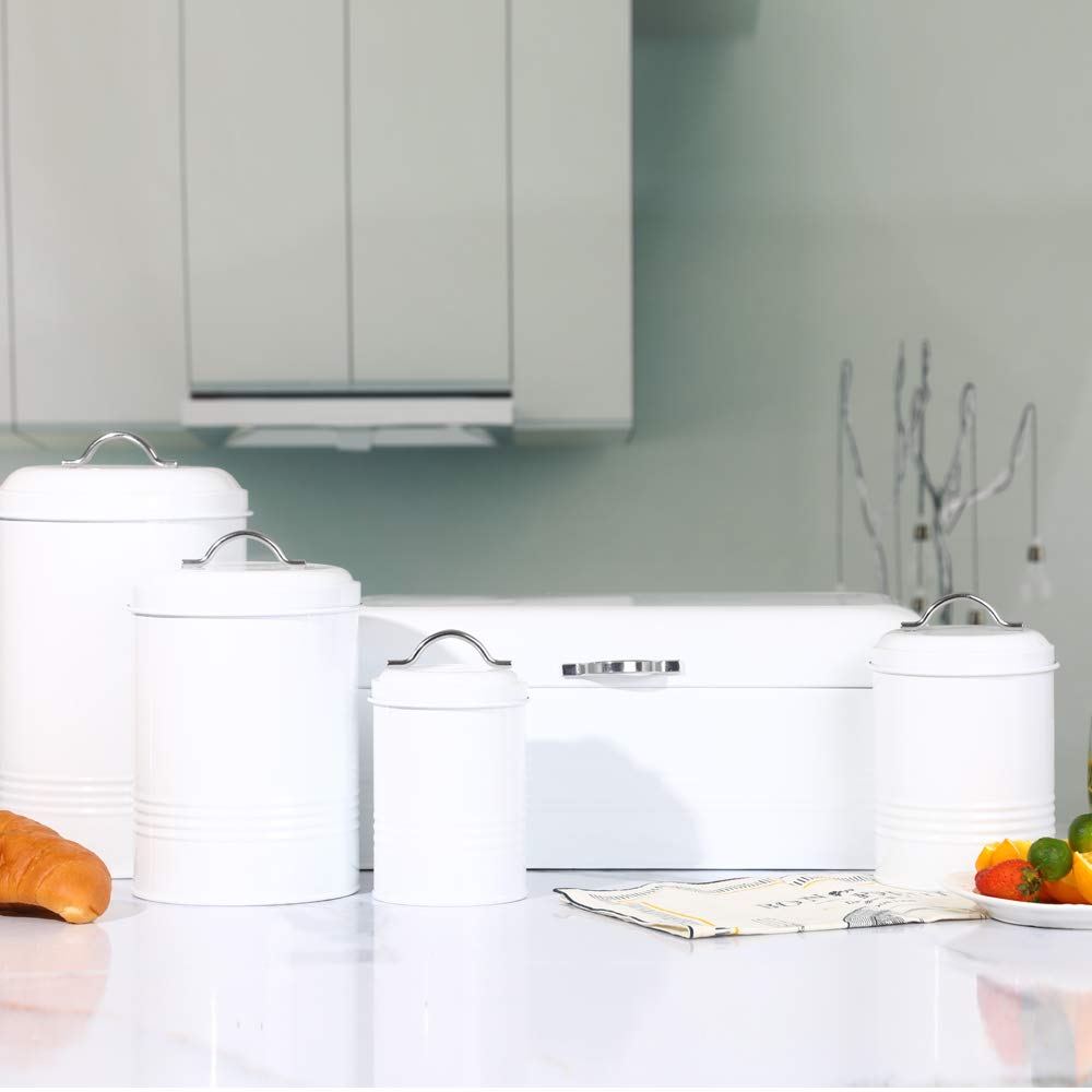 Brightalk Nesting Canisters Sets for the Kitchen, Set of 4 Airtight White Farmhouse Canister Jars with Removable Chalkboard Labels and Marker, for Flour Sugar Coffee Tea Storage