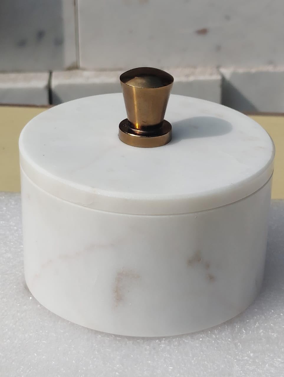 Repan Marble Salt Cellar with Lid and Brass Knob | Natural Stone Salt Box for Kitchen Counter and Dining | Marble Spice Jar Holder for Cooking, Tabletop and Countertop Storage (4 X 3.5 Inch, White)