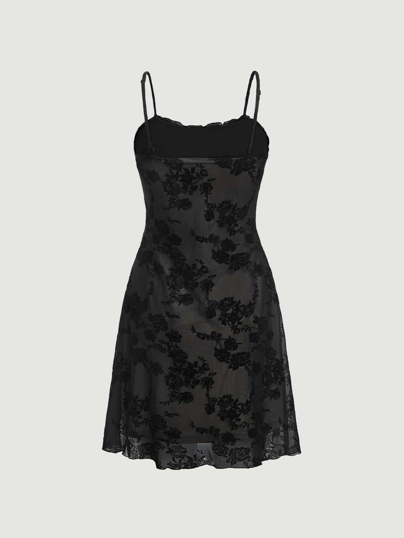 Verdusa Women's Mini Dress Floral Spaghetti Strap Mesh Dresses Going Out Festival Concert Outfits Grunge Gothic Clothes Black Multi Small