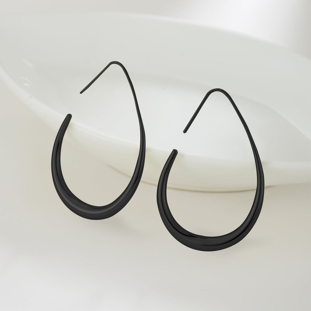 Lightweight Teardrop Hoop Earrings for Women - 14k Gold/White Gold Plated Large Oval Pull Through Hoop Earrings High Polished Statement Jewelry Gift for Women (black 50 * 30)