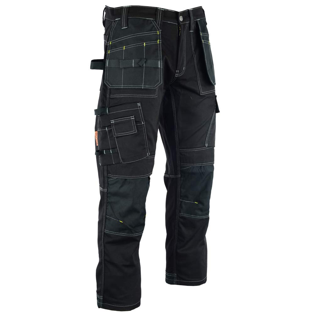 WrightFits Men Pro Builder Work Trousers Black - Heavy Duty Safety Combat Cargo Pants - Knee Pad Pockets - Triple Stitched - Durable Workwear (32W X 31L, Black)