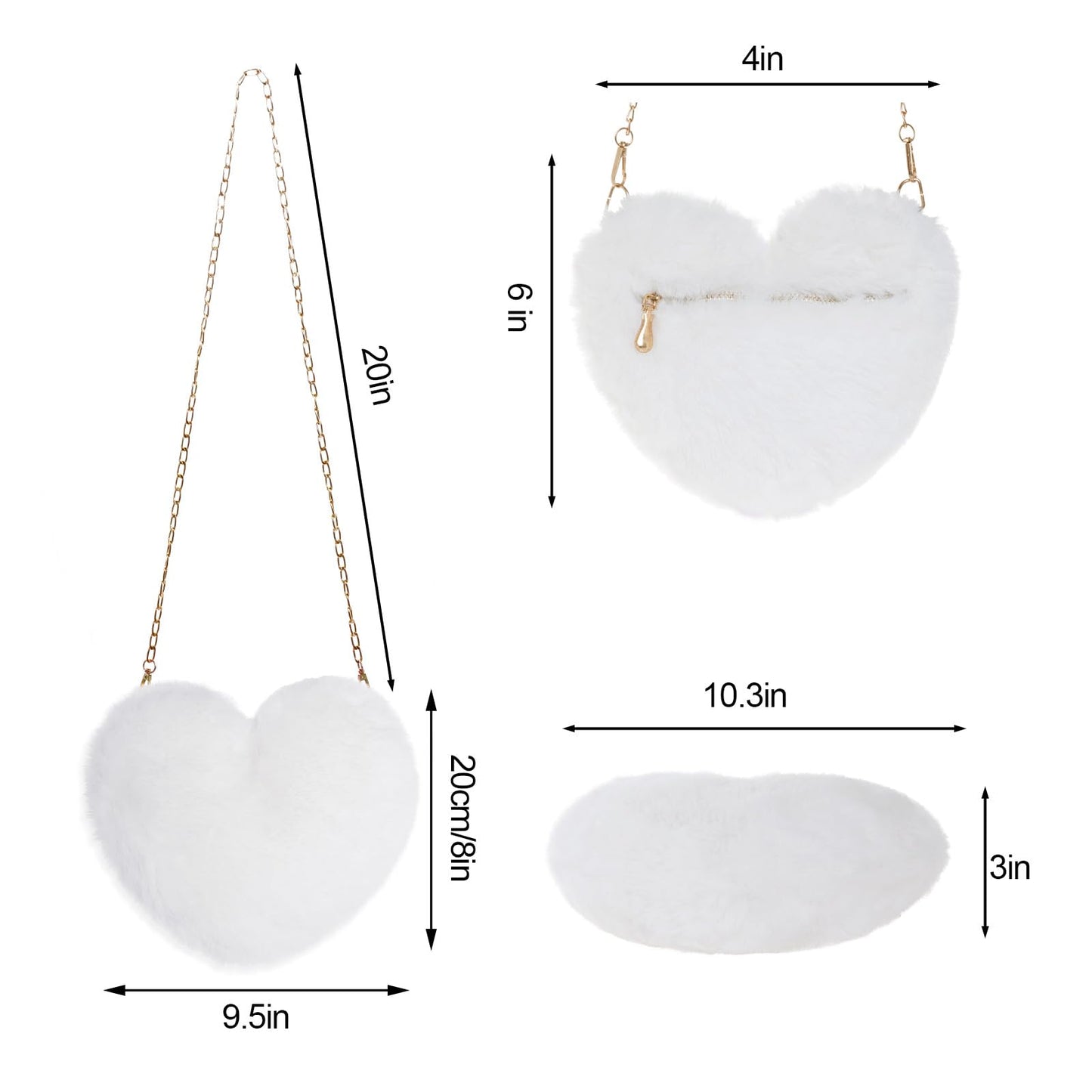Miayon Heart Shaped Faux Fur Purse Fluffy Crossbody Shoulder Bag Cute Clutch Purses for Women Girls Halloween Christmas Valentine (White)