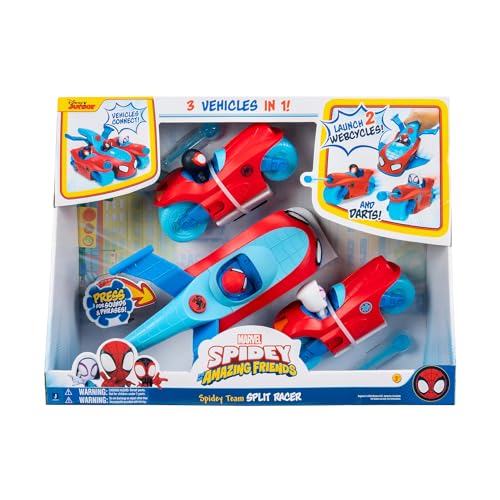 Jazwares Marvel Spidey and His Amazing Friends Spidey Team Split Racer - 8.5-Inch Three-in-One Vehicle with Web Darts, Sound Effects, and Phrases