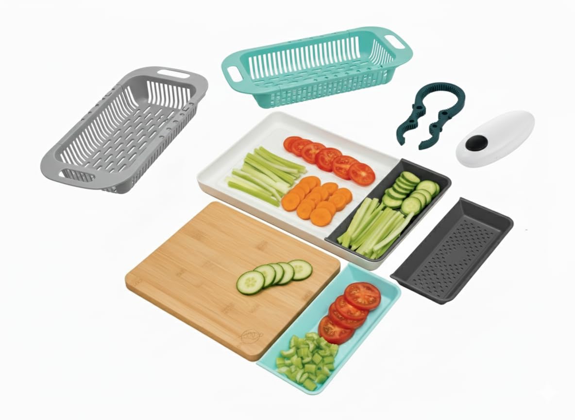 3-Piece Kitchen Essentials Set – Smart Electric Can Opener, Bamboo Cutting Board with Food Trays & Extendable Sink Strainer | Premium Food Prep & Cooking Gift Bundle