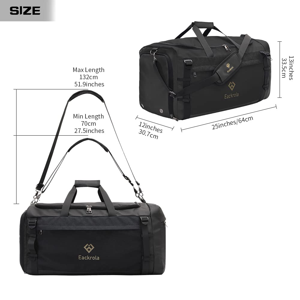 Eackrola Large Sports Gym Bag, Travel Duffel bag with Wet Pocket & Shoes Compartment for men women, 65L, Lightweight(Black)