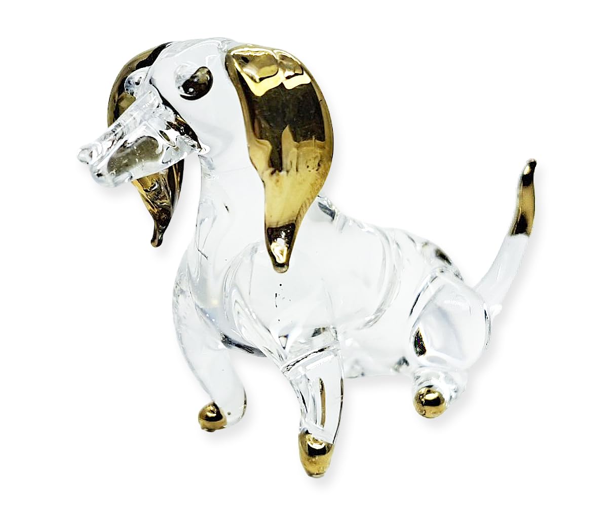 WitnyStore Tiny 2¼" Long Clear Gold Sitting Dachshund Figurine - Miniature Hand Blown Painted Glass Dogs Puppy Hound Canine Domestic Pet Animals Crystal Decorative Collectibles Figurines Décor Gifts
