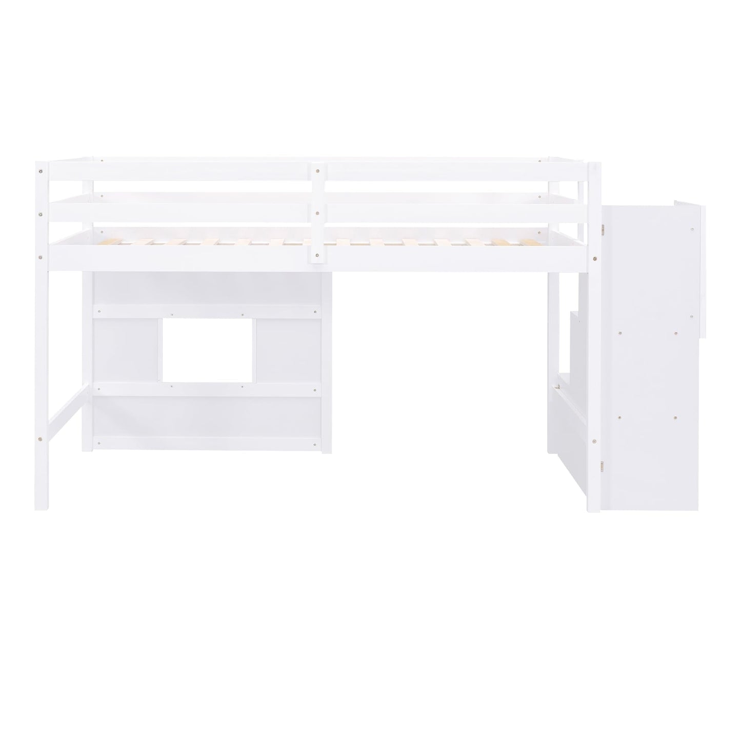 Merax Twin Size Loft Bed with Storage Staircase, Solid Wood Loft Bed Frame with LED Light and Safety Guardrail, Under-Bed Play Space, Playhouse Beds for Kids, Boys, Girls,White