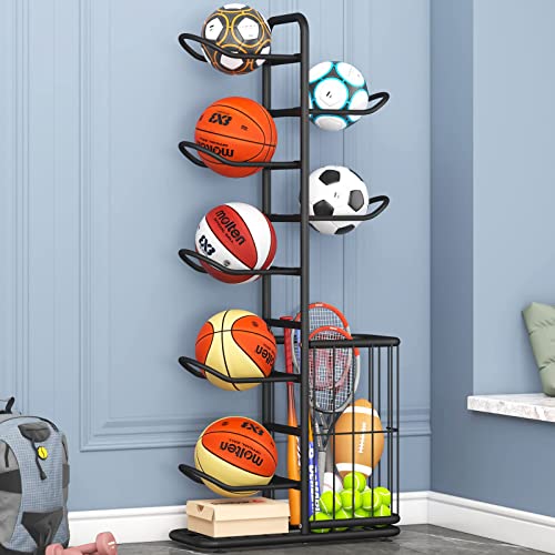 YIILII Vertical Ball Storage Rack - Adjustable 5-Tier Sports Organizer Stand for Basketball, Soccer, Volleyball and More(56.7inches)