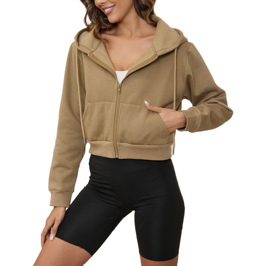 LOFAAC Women Fleece Full Zip Up Cropped Hoodie Sweatshirt 90s Long Sleeve Drawstring Hooded Crop Jacket Top(S,US,Women,Olive Green)