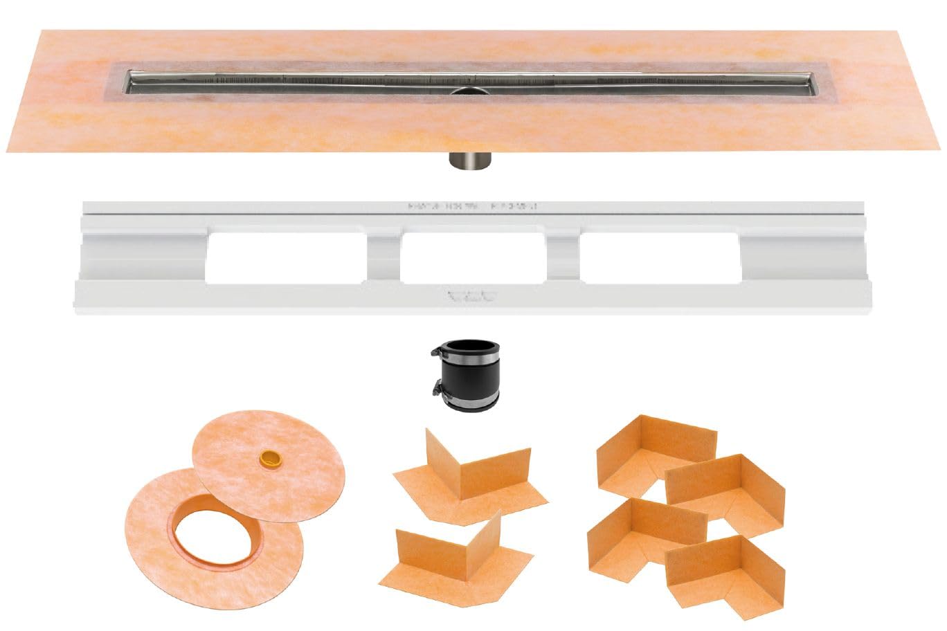 Schluter Kerdi Line Shower Drain with 72" Stainless Steel Channel Body and Waterproof Kerdi Collar - Ideal for Showers and Wet Rooms - Center Outlet Position, 70-13/16" Grate Length - KL1V60E180