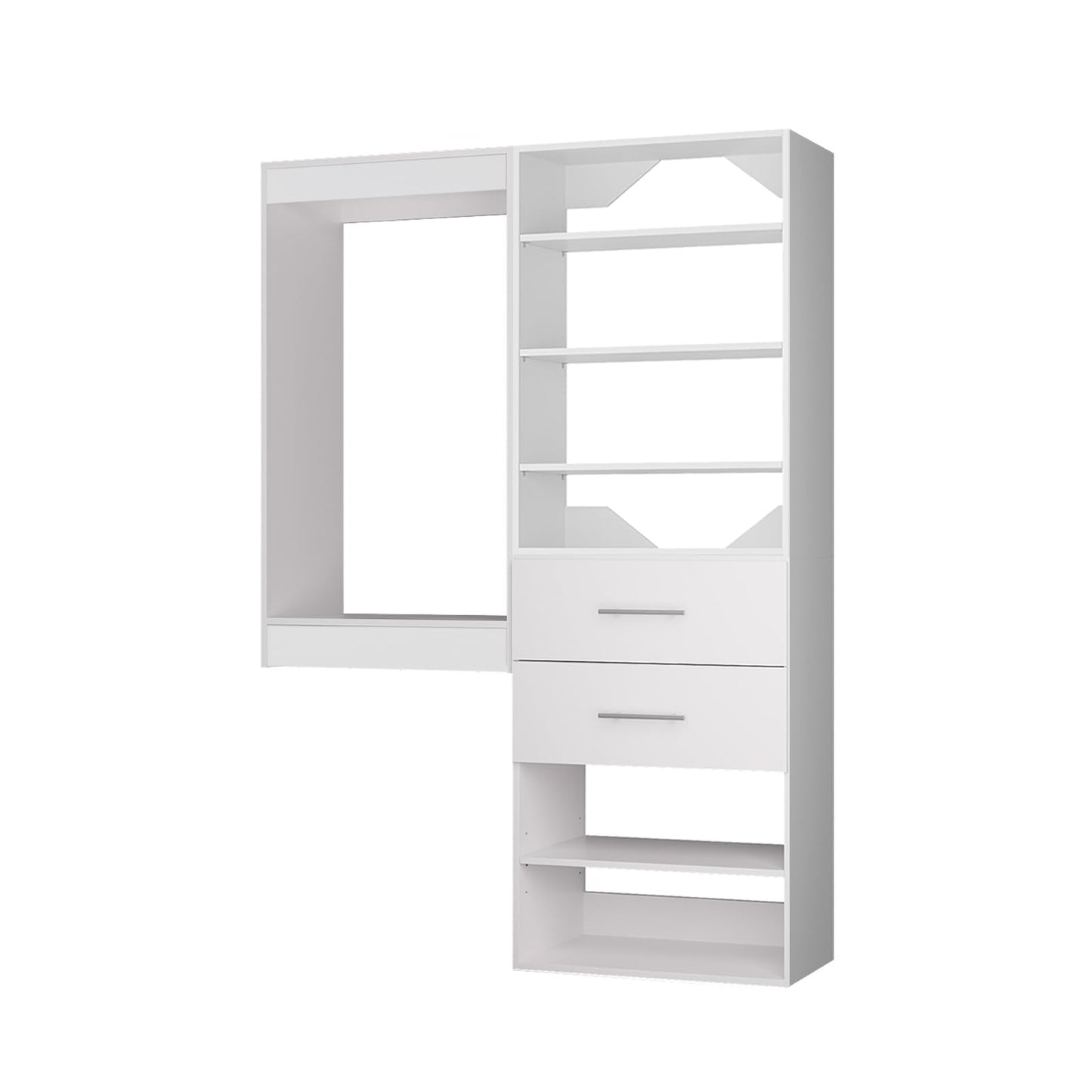 ROOMTEC Modular Closet System, 58" Wall Mounted Closet Organizer with Hanging Rods and Drawers, Wooden Tower for Walk-In Closets, Wardrobe Storage Kit, White