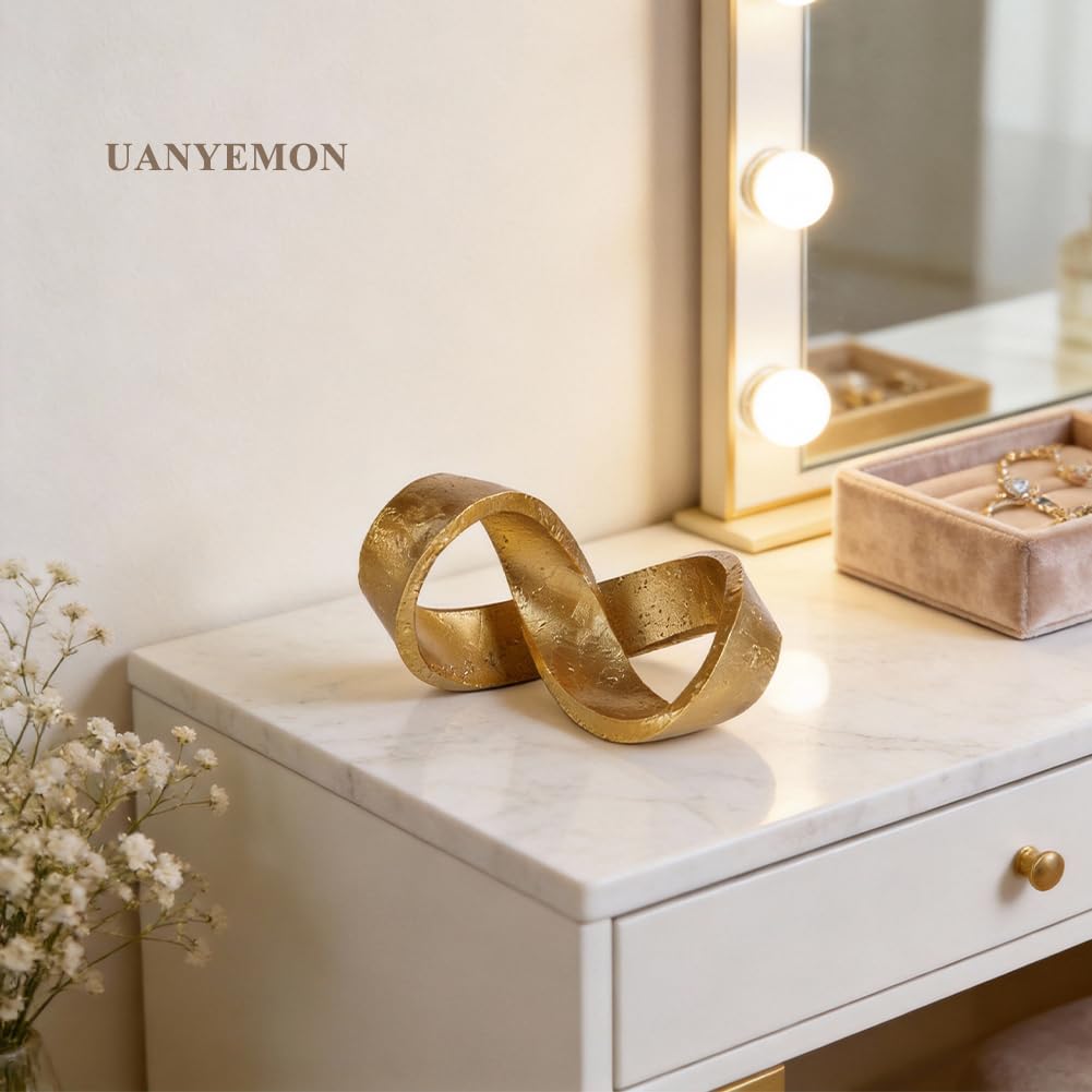 Modern Infinity Knot Sculpture - Gold Knot Home Decor, Multi-Angle Statue for Shelves, Coffee Table, Bookshelf, Living Room, Office, Resin Geometric Decorative Accent, Abstract Art Knick Knacks Gifts