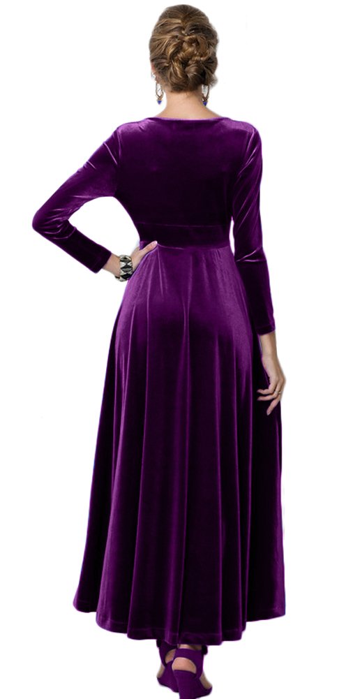 Urban CoCo Women Long Sleeve V-Neck Velvet Stretchy Long Dress (as1, Alpha, l, Regular, Regular, Purple)