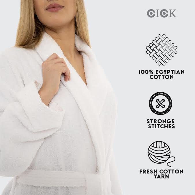 CICK Towelling Bath Robe Premium Quality Bathrobes for Women Highly Absorbent 100% Cotton Shawl Design for Men & Women for Loungewear (UK, Alpha, S, M, Regular, Regular, White)
