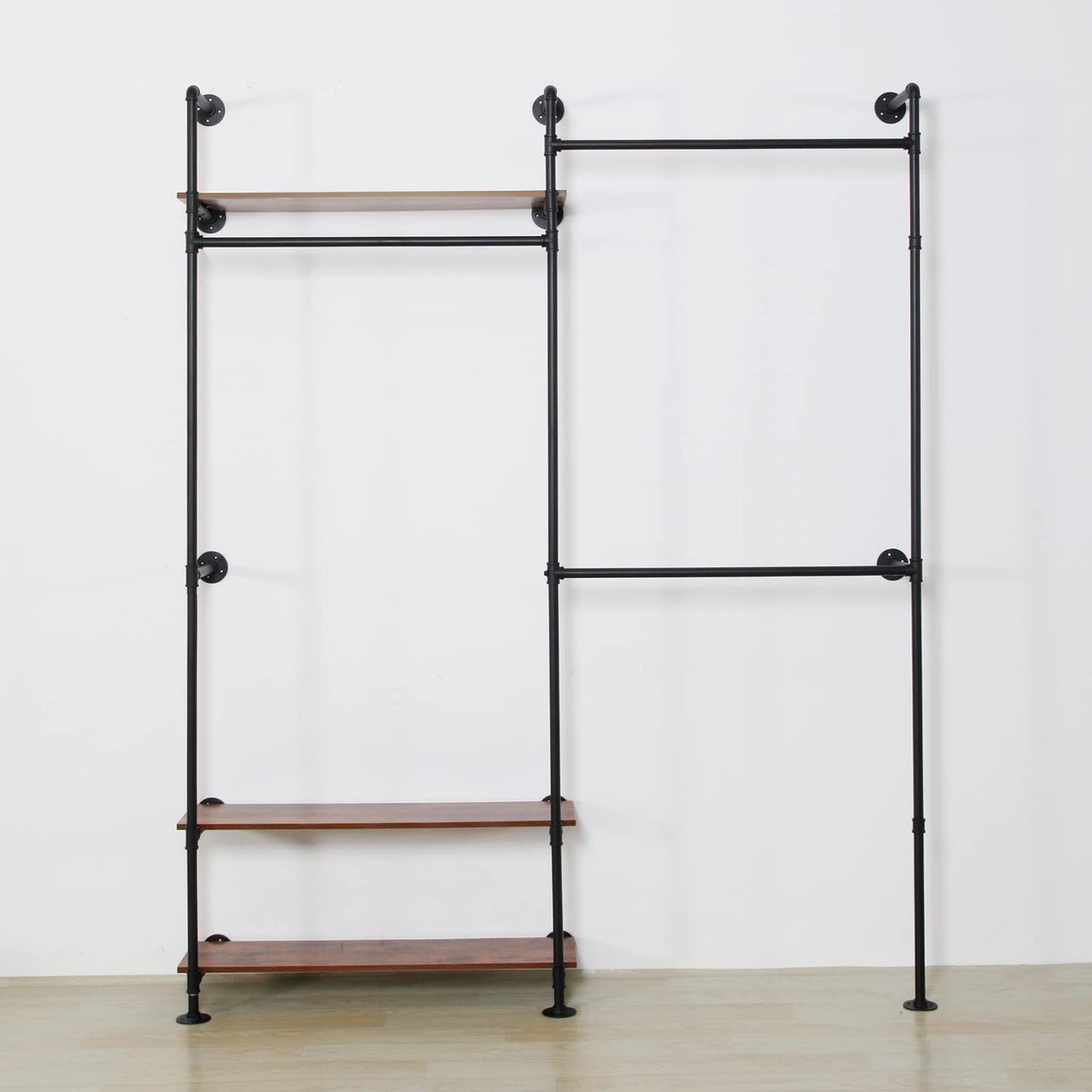 EDCB Industrial Pipe Clothing Rack - Wall Mounted 3-Tier Heavy Duty Metal Garment Rack with Shelves, Black Closet Organizer for Retail Stores & Bedroom (92.1X76.8inch)