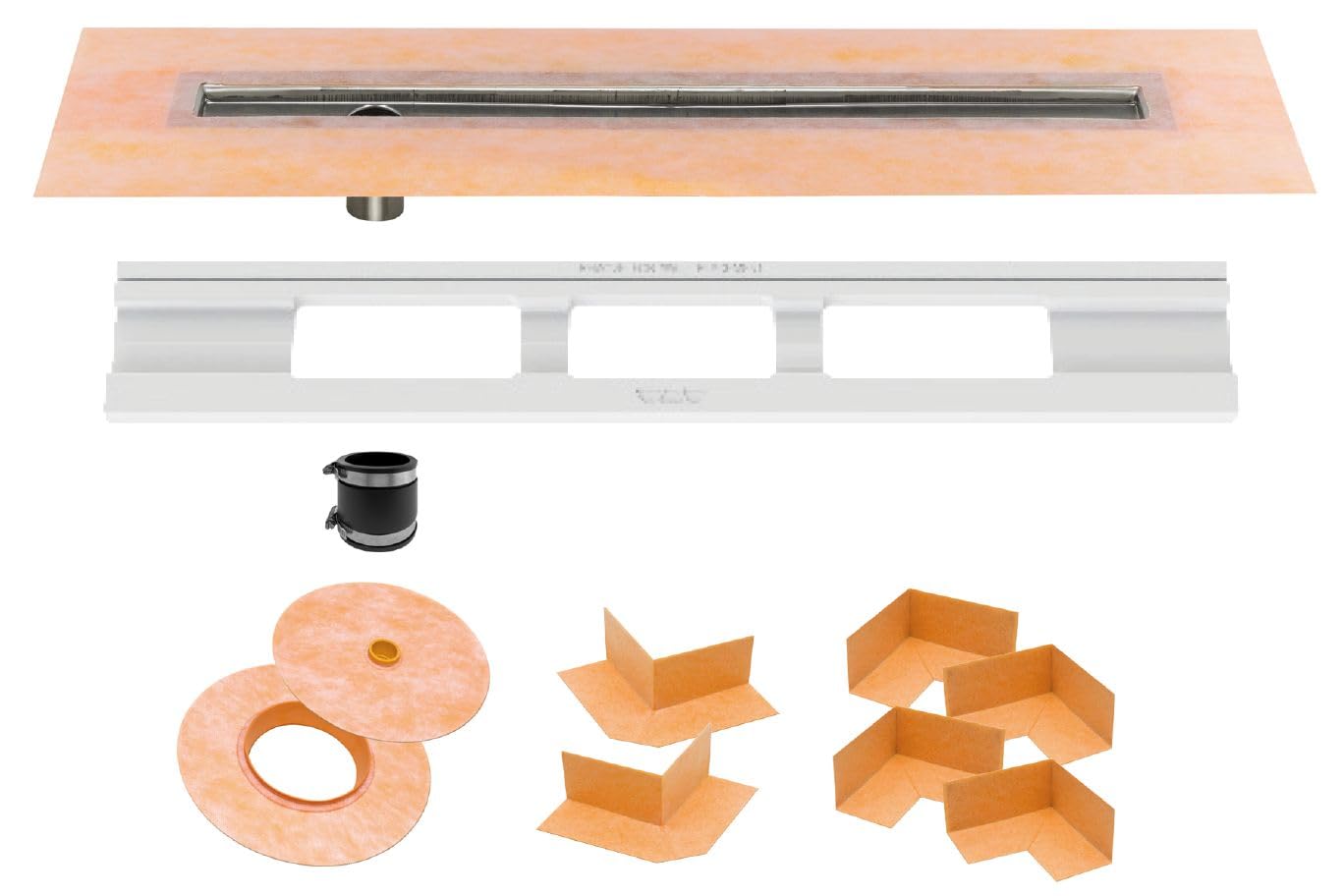 Schluter Kerdi Line Shower Drain with 32" Stainless Steel Channel Body Offset and Waterproof Kerdi Collar - for Showers & Wet Rooms - Off-Set and Center Outlets - KL1VO60E80