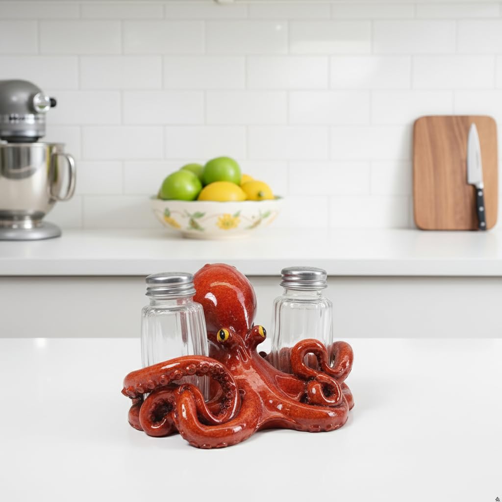 Comfy Hour 5" Octopus Salt and Pepper Shaker Duo, Decorative Coastal Ocean Figurine Holder for Kitchen Tabletop, Artisan Crafted Resin Animal Accent, Includes 2-Count Glass Bottles, Brown