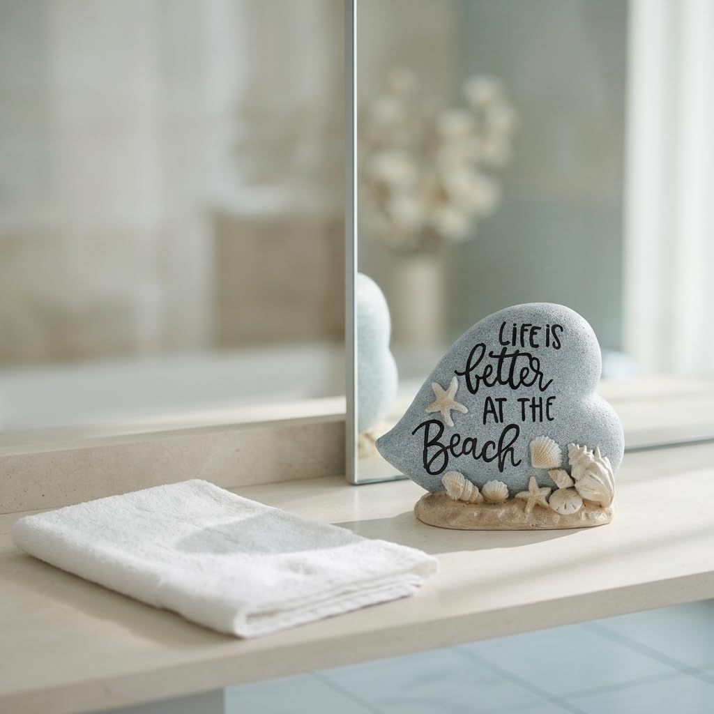 DOVDOV Resin Beach Decor Statue with Seashell and Starfish Accents, Coastal Heart Tabletop Sculpture with Life is Better at the Beach Message for Shelf Mantel Desk Home Display (Blue)