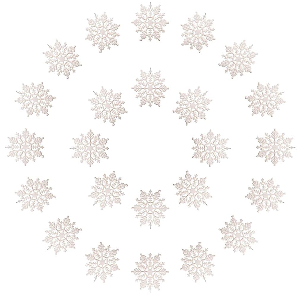 Kipokalor Plastic Snowflake Ornaments, 24pcs 3-Inch Sparkling Iridescent Glitter Decorations With String Hanger for Crafting and Embellishing (White)
