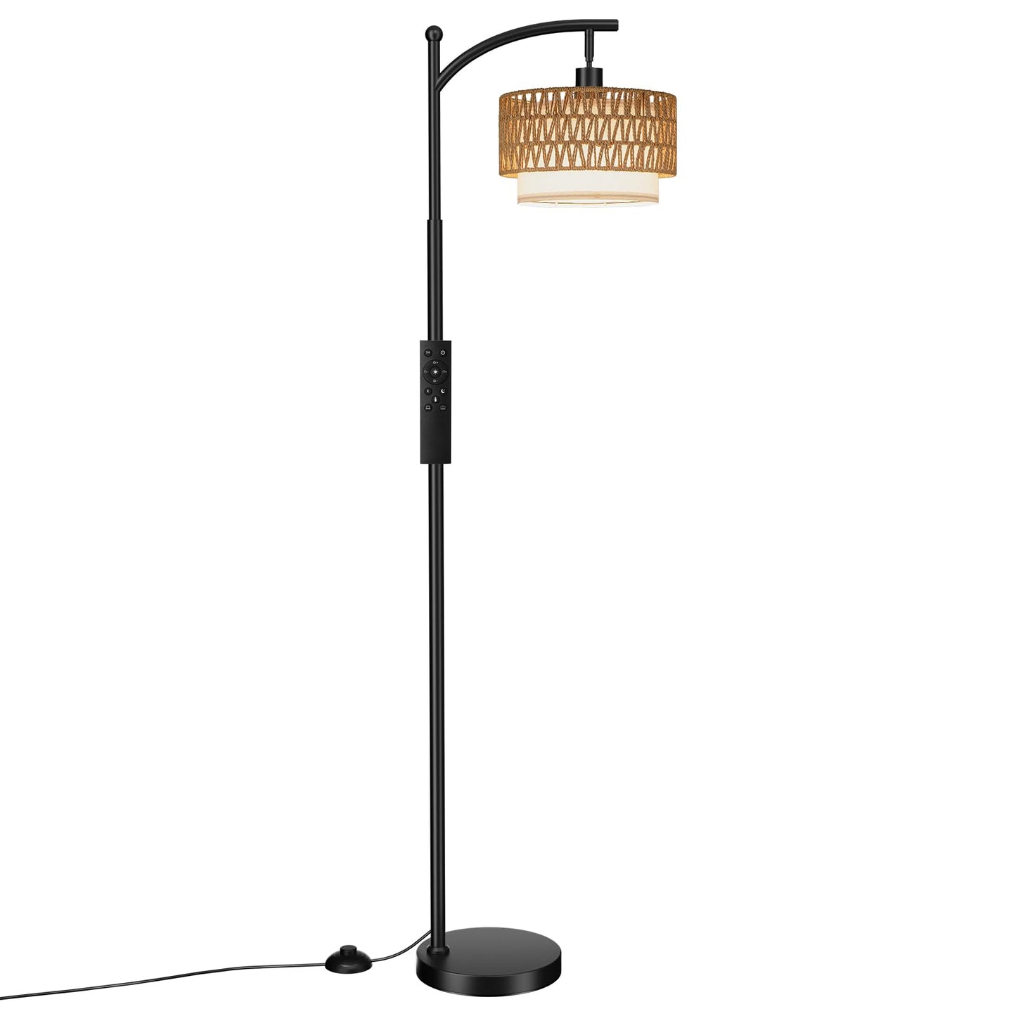 Ambimall Arc Floor Lamp for Living Room with Remote, Color Temperature & Brightness Adjustable, Boho Standing Lamp with Rattan & Fabric Double Drum Shades, Bulb Included(Black)
