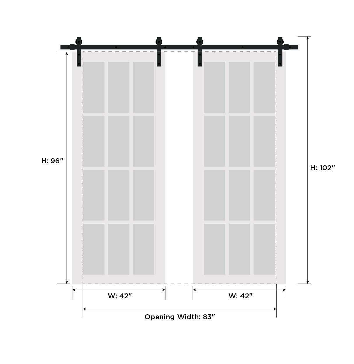 SARTODOORS Sliding Double Barn Doors with Hardware | Lucia 2552 White Silk with Opaque Glass | 13FT Rail Sturdy Set | Interior Bedroom Bathroom Door -84" x 96" (2 * 42x96)-Frosted Glass-Black Rail