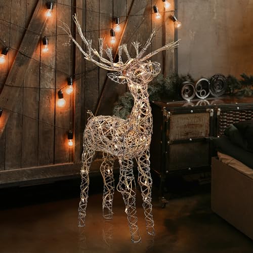 Alpine Corporation 35" Tall Outdoor Lighted Rattan Reindeer Christmas Yard Decoration with 60 Warm White LED Lights for Lawn Display, Brown