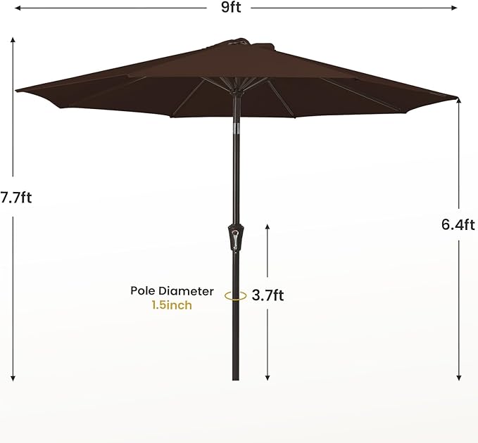 MEWAY 9ft Patio Umbrella Outdoor Table Umbrellas with Push Button Tilt and Crank, Market Umbrella 8 Sturdy Ribs for Deck, Garden, Pool and Backyard, Brown